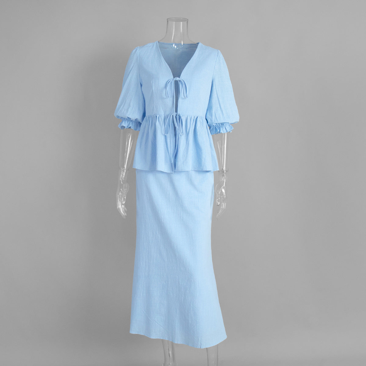 V-Neck Ruffled Sleeve Maxi Dress Set Comfortable Casual Cotton