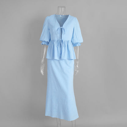 V-Neck Ruffled Sleeve Maxi Dress Set Comfortable Casual Cotton