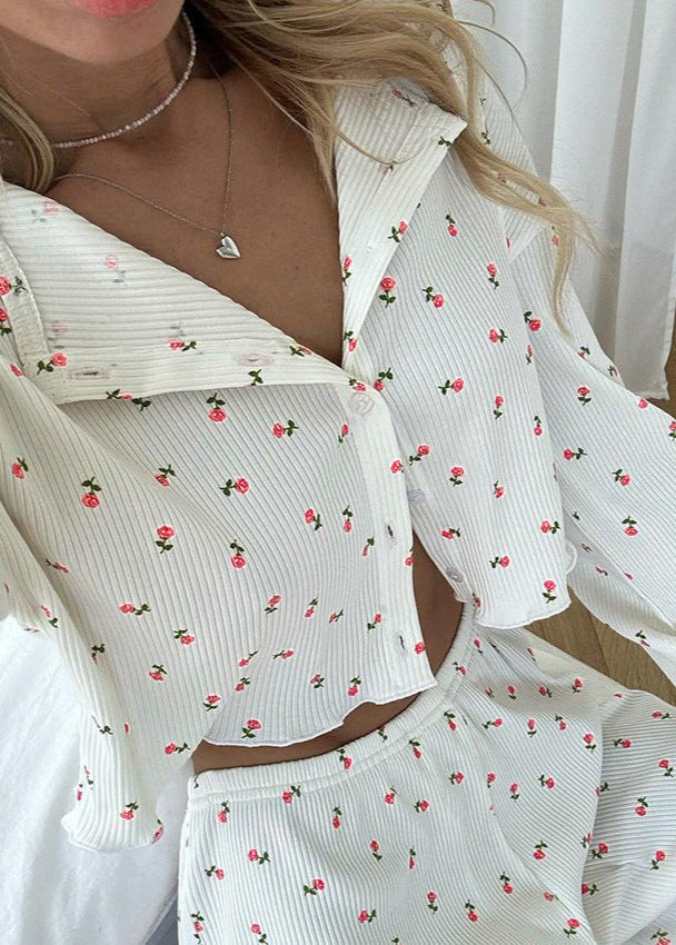 Lounge Set Soft Ribbed Fabric Floral Print