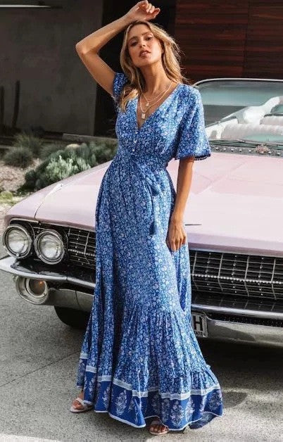 Bohemian Summer High Waist Lace Up V-Neck Loose Large Hem Dress Seaside Long Dress