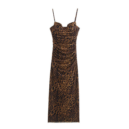 Elegant Mesh Ruched Spaghetti Strap Maxi Dress