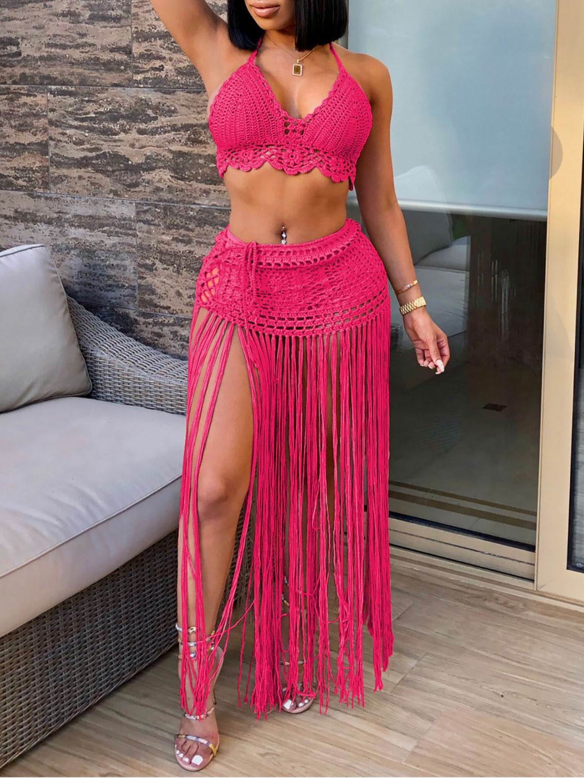 Women鈥檚 Crochet Beach Bikini Top With Fringe Skirt Two-Piece Set