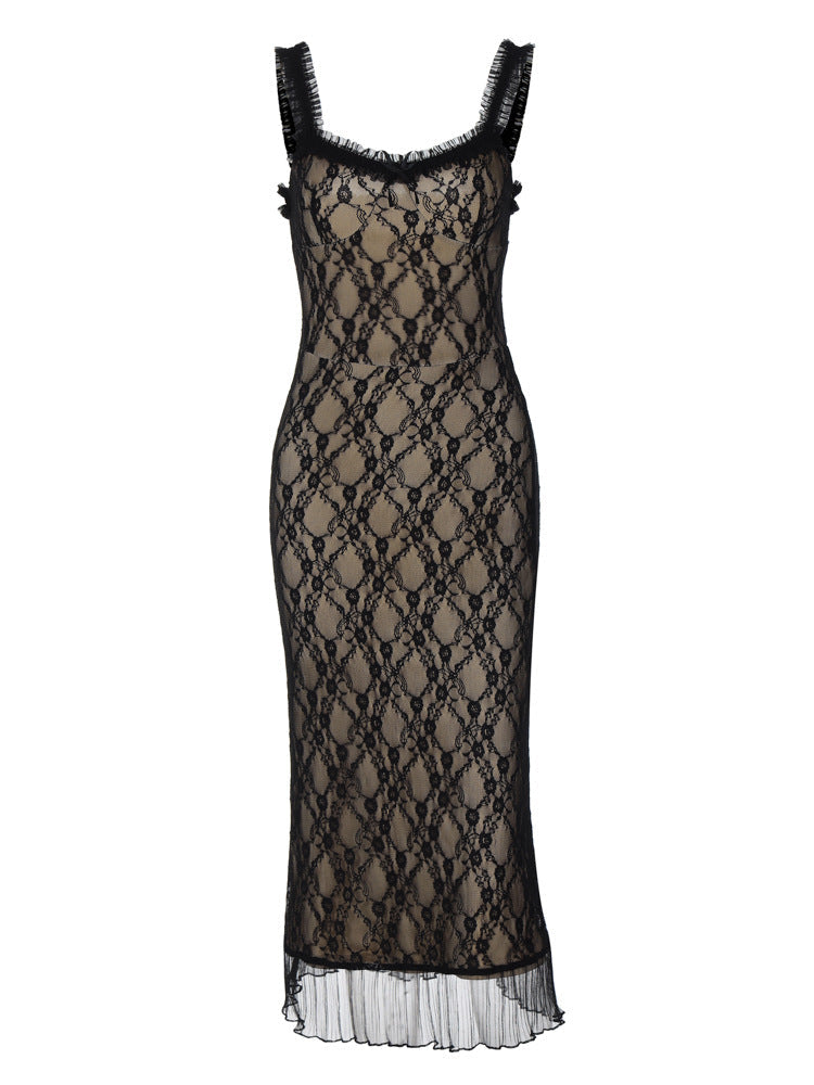Sexy Lace Detail Bow Tie Midi Slip Dress