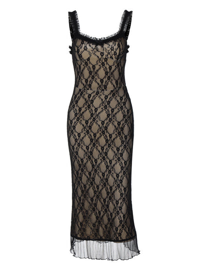 Sexy Lace Detail Bow Tie Midi Slip Dress