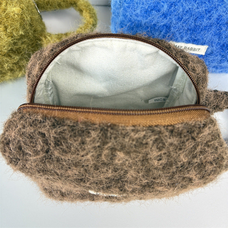 Simple Plush Solid Color Cosmetic Bag With Handle