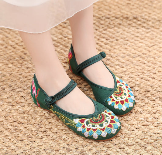 Canvas Embroidered Cloth Shoes Women'S Shoes Single Shoe One-Line Buckle Low Heel