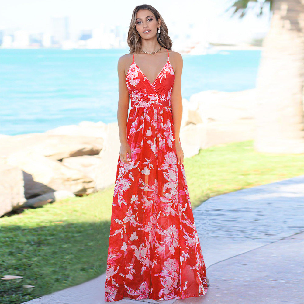 Floral Sling Long Dress Fashion Slim Fit Slim Dress
