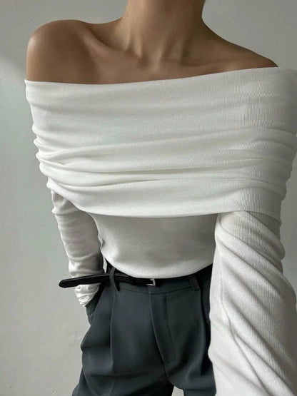 Off-The-Shoulder Knit Sweater Elegant Fitted Design