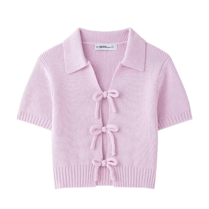 Sweet String Front Short Sleeves Knit Tops