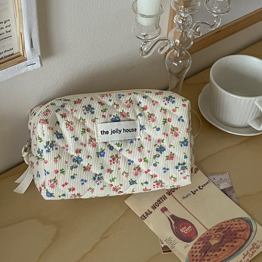 Corduroy Floral Cosmetic Bag Soft Quilted Travel Pouch
