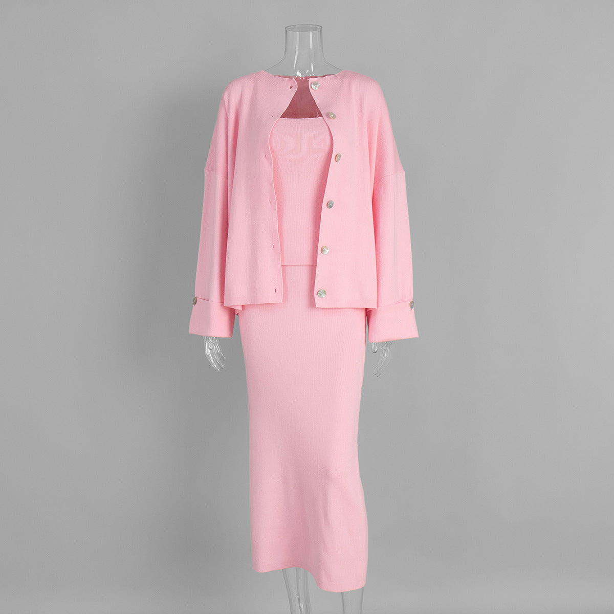 Knitted Long Sleeve Cardigan Set With Camisole And Skirt