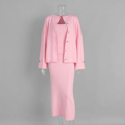 Knitted Long Sleeve Cardigan Set With Camisole And Skirt