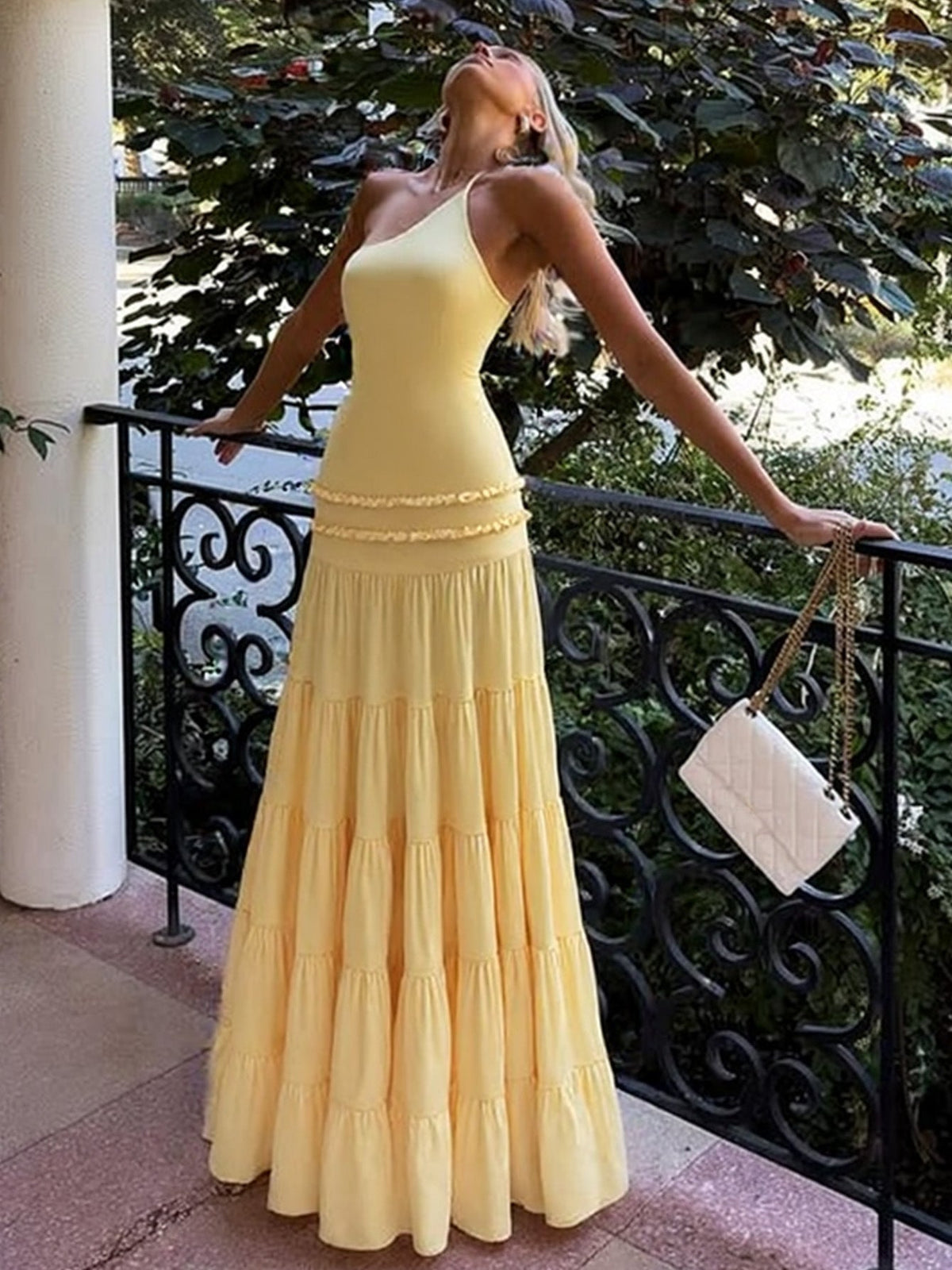 Sexy Hollow Back Tiered One-Shoulder Maxi Dress