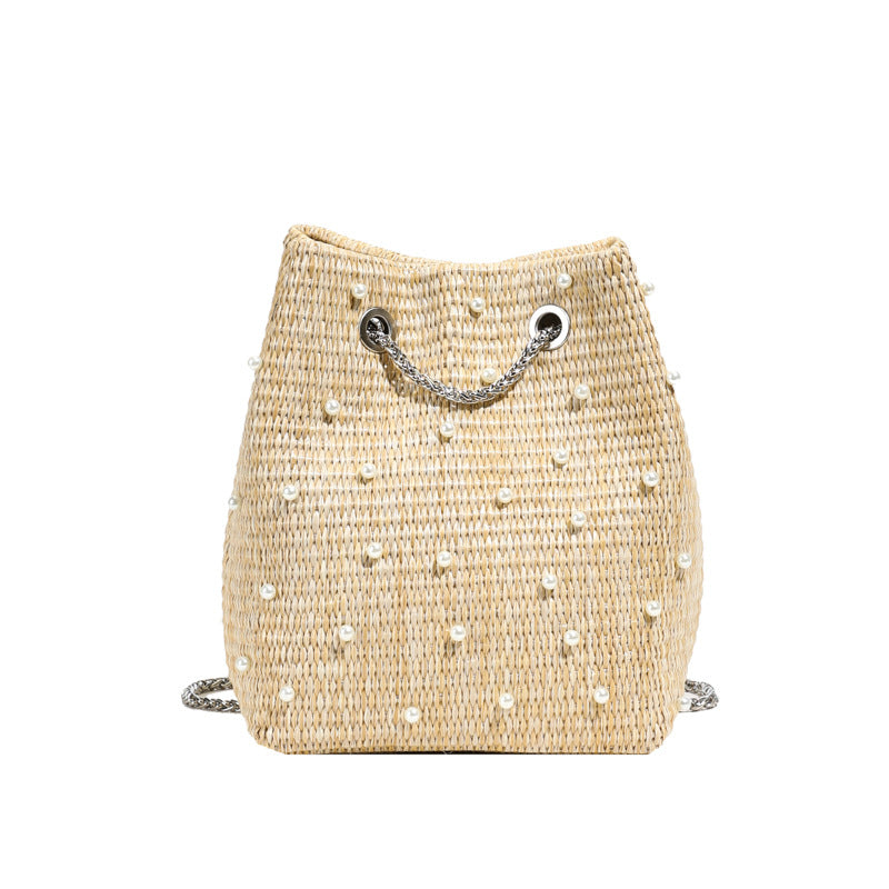 Trendy Women's Woven Bucket Bag with Pearl & Rhinestone Accents