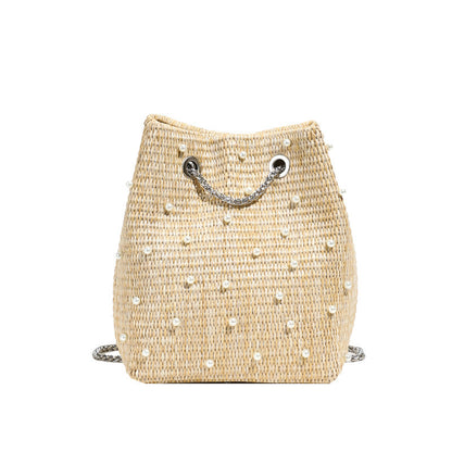Trendy Women's Woven Bucket Bag with Pearl & Rhinestone Accents