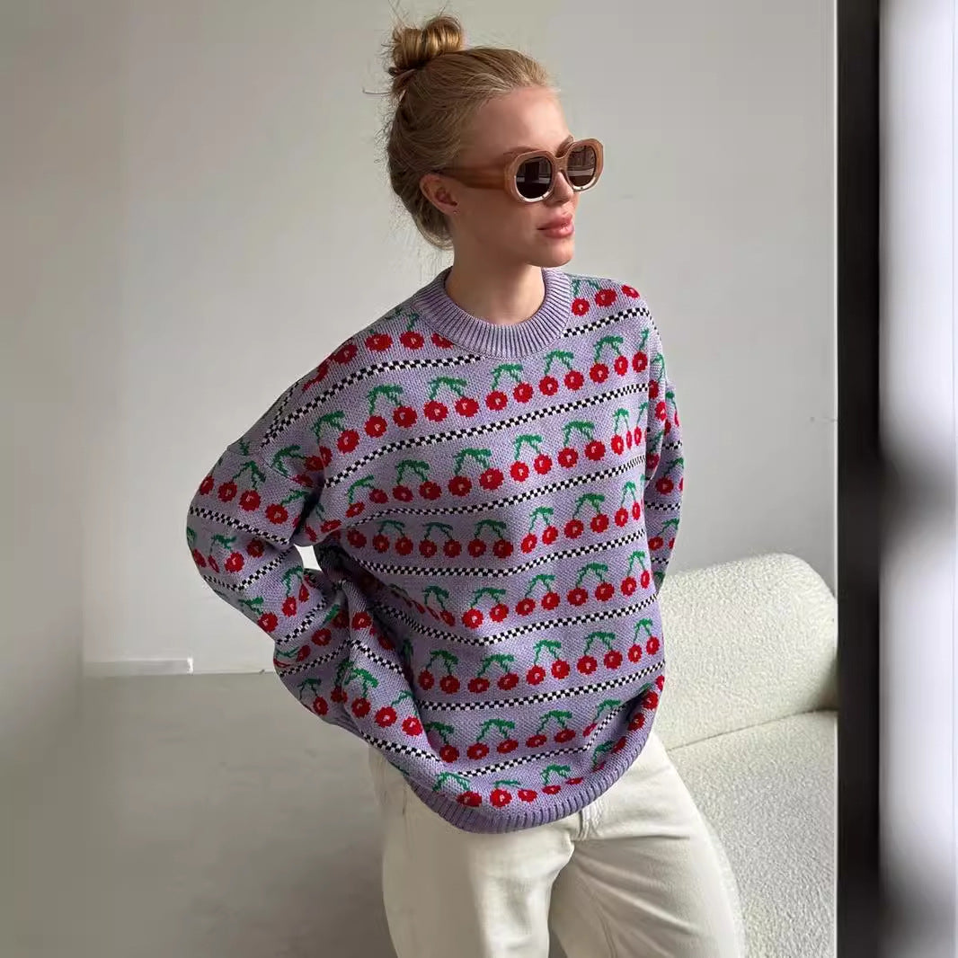 Cherry Print Contrast Color Sweater