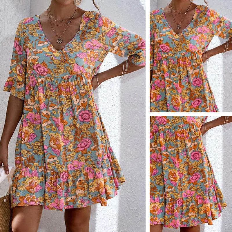 Spring/Summer Ruffled Mid Sleeve Printed Women'S Dress With Loose Pleated Dress