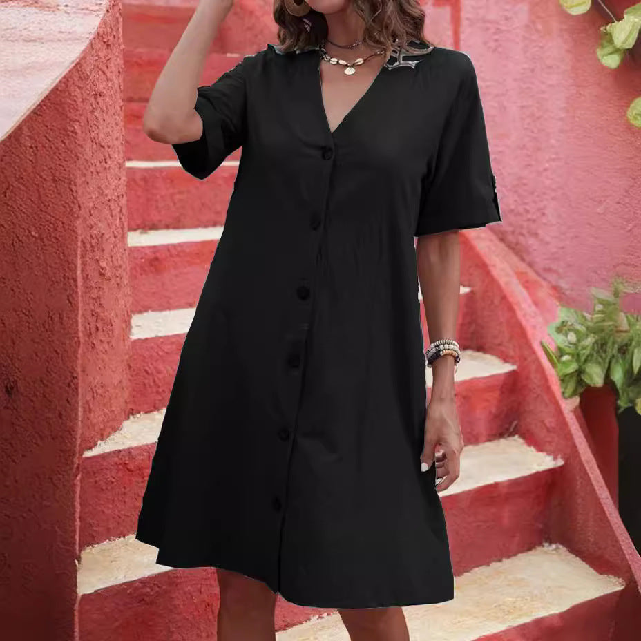 Women'S Dress Washed Cotton Short-Sleeved Medium And Long Single-Breasted V-Neck Loose Solid Color A-Shaped Dress