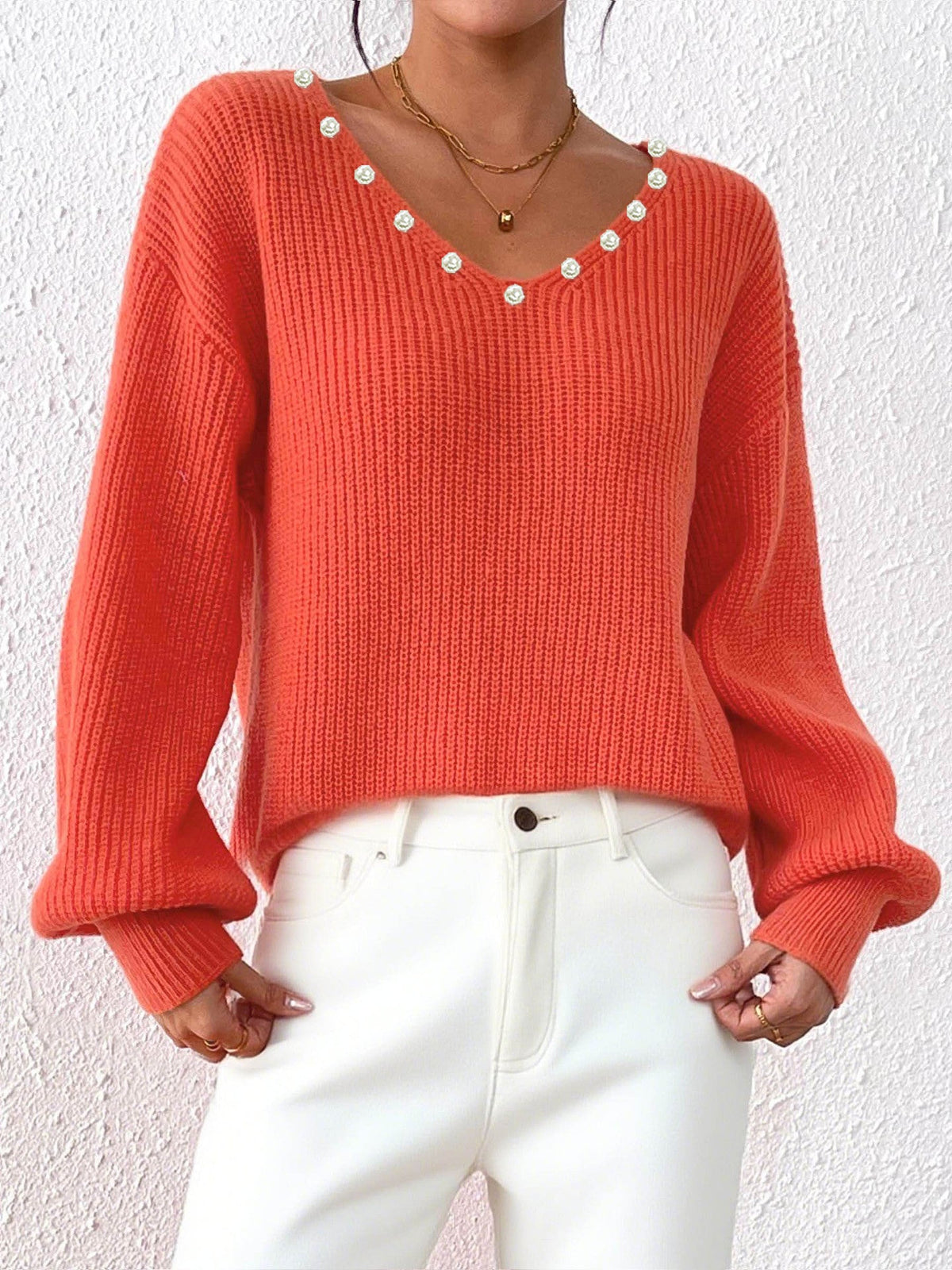 Loose Fit Pearl V-Neck Sweater For Women Casual Street Style