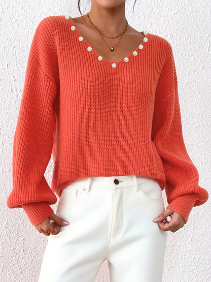 Loose Fit Pearl V-Neck Sweater For Women Casual Street Style