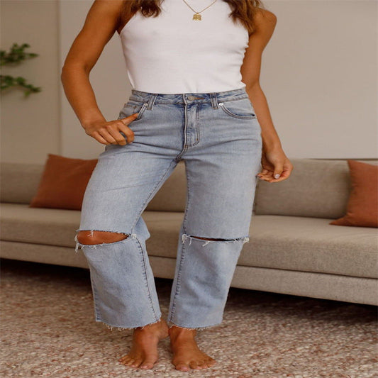 High-Waisted Ripped Light Blue Denim Straight Leg Jeans