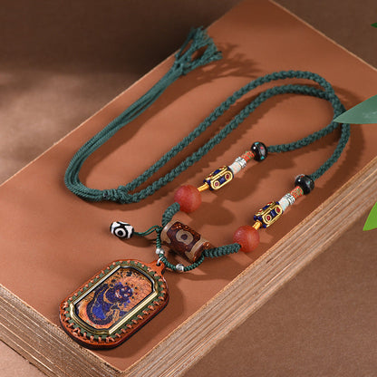 New Intangible Cultural Heritage Gem Painting Thangka Pendant God Of Wealth Zakiram Hand-Painted Thangka Leather Shell Pendant Single Pendant