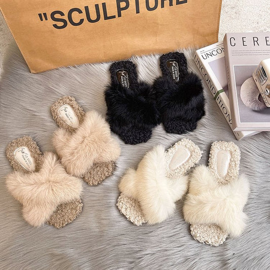 Simple Open Toe Cross Faux Fur Warm Slippers