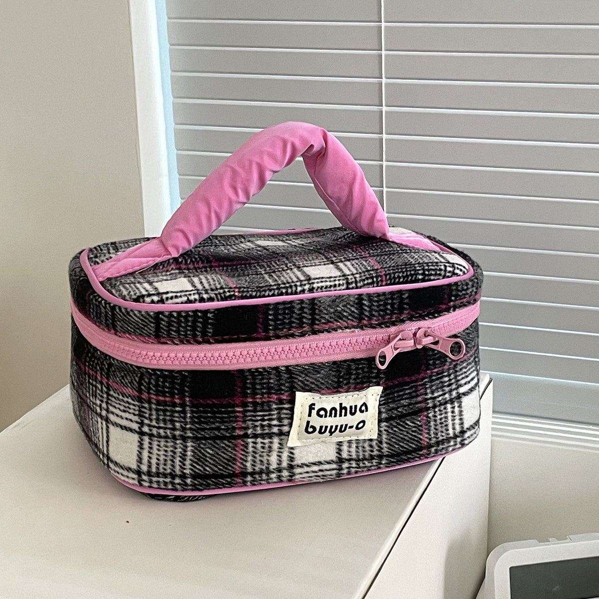 Color Block Woolen Makeup Bag Large Capacity Travel Portable Storage Pouch
