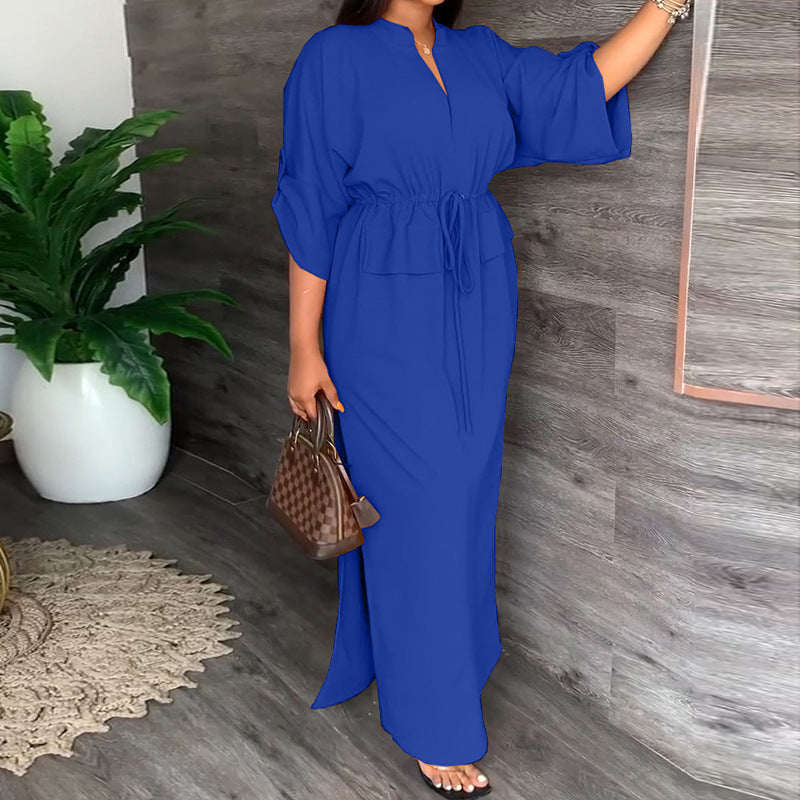 Women'S Casual Fashion Stand-Up Collar Split Length Dress Solid Color Dress