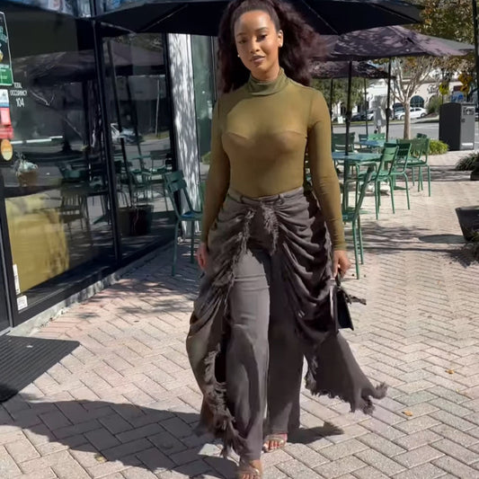 High-Waisted Denim Trousers For Women With Ripped Hem