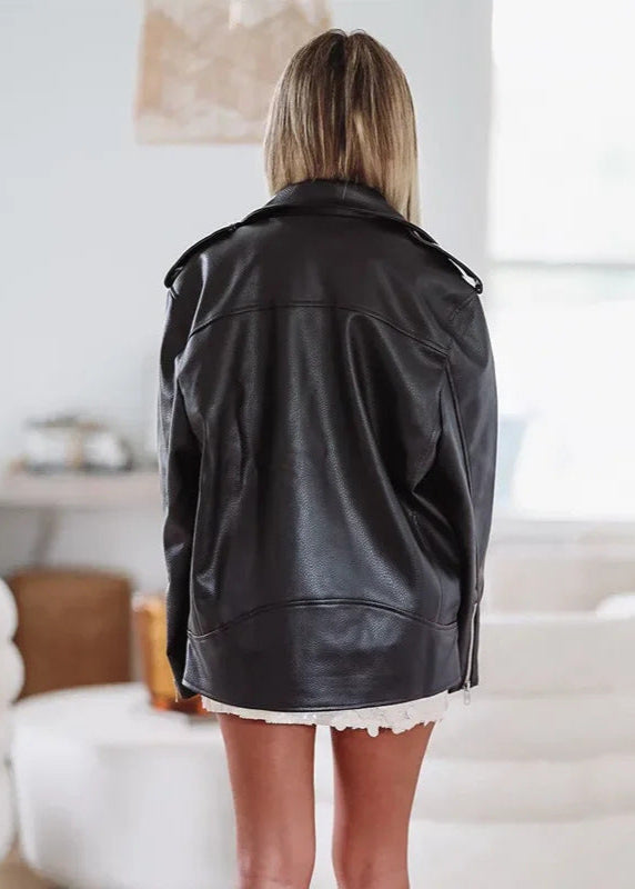 Oversized Faux Leather Moto Jacket With Zipper Details