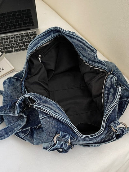 High Capacity Denim Motorcycle Bag Trendy Casual Shoulder Bag