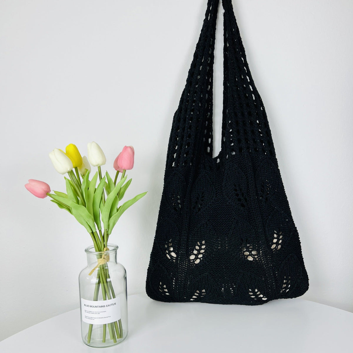 Solid Color Hollow Out Knit Shoulder Tote Bag