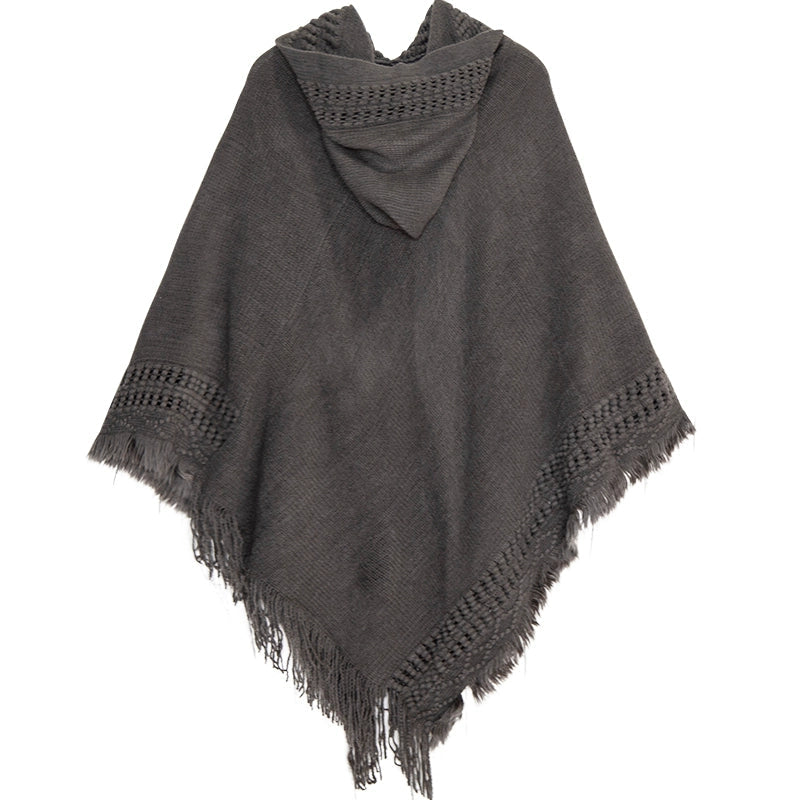 Summer Solid Color Hooded Shawl Women'S Knitting Outside With Spring And Autumn Travel Tassel Pullover Hooded Cape Shawl