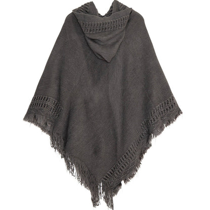 Summer Solid Color Hooded Shawl Women'S Knitting Outside With Spring And Autumn Travel Tassel Pullover Hooded Cape Shawl