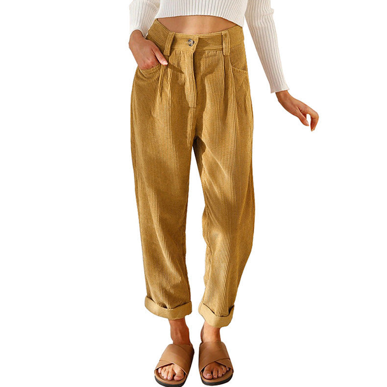 New Women'S High Waist Casual Pants Solid Color Loose Straight Corduroy Pants
