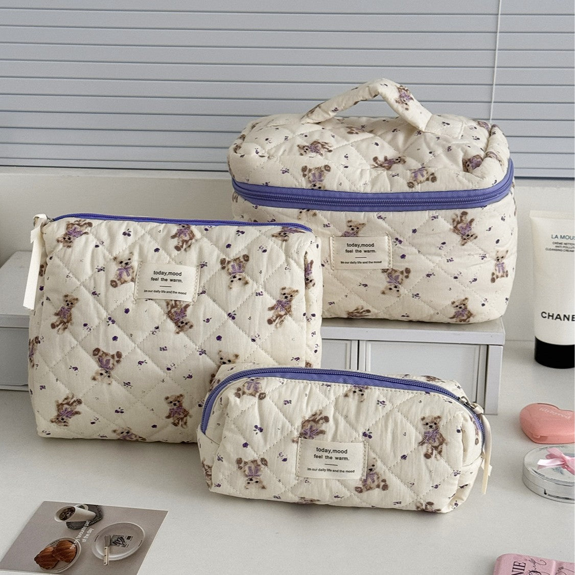 Bow Flower Large Capacity Makeup Bag Vintage Quilted Toiletry Pouch