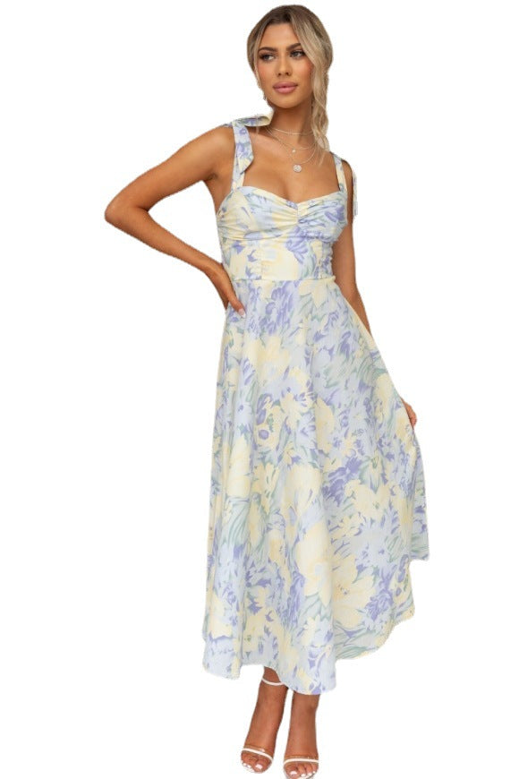 New Slim Fit Slim Waist V-Neck Strap Print Mid Length Dress For Women