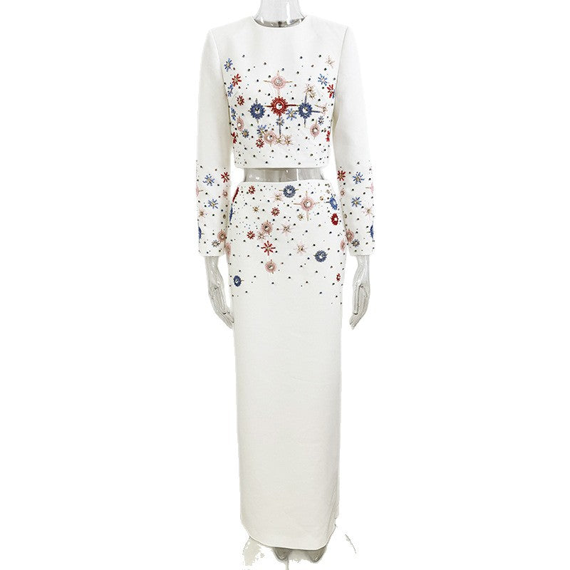 Trendy Beaded Short Jacket And Maxi Skirt Set