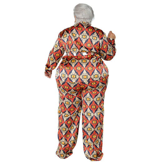 Plus Size Floral Print Silk Feel Long Sleeve Outfit