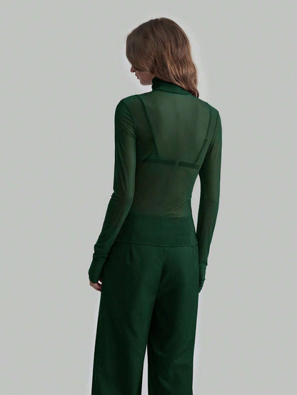 Mesh High Neck Long Sleeve Sheer Blouse