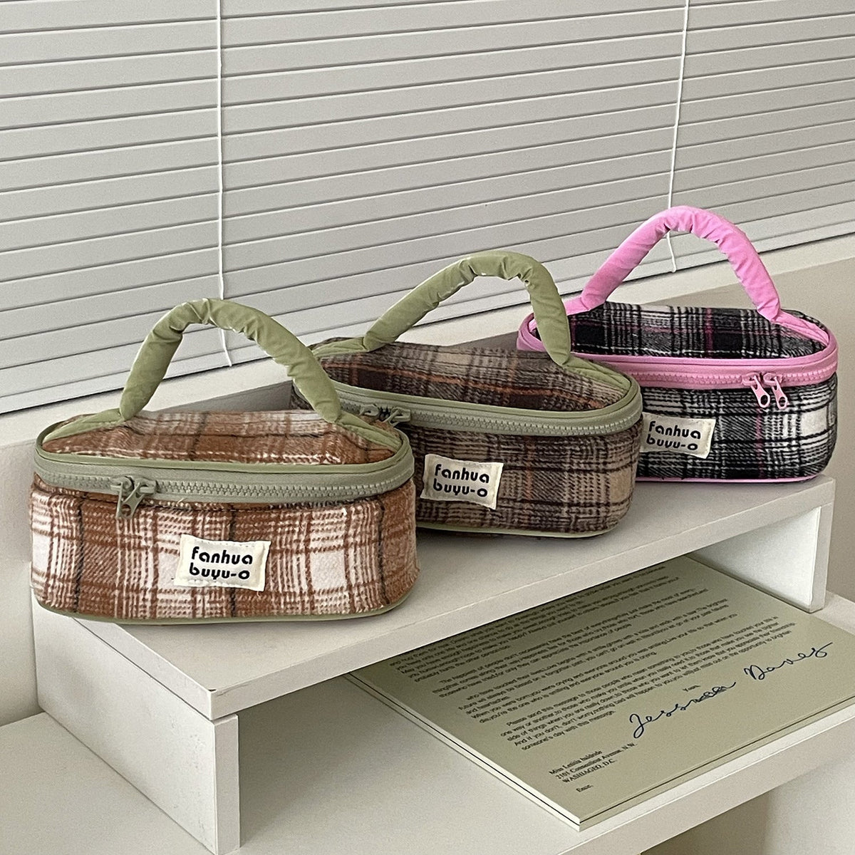 Color Block Woolen Makeup Bag Large Capacity Travel Portable Storage Pouch