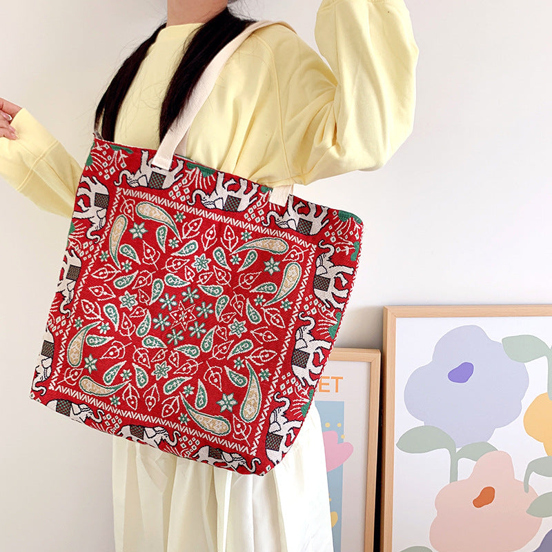 Vintage Ethnic Style Red Elephant Embroidery Bag, Literary Travel Bag, Shoulder Bag, Hand-Held Cross-Body Shopping Bag
