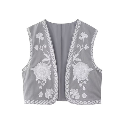 Flower Embroideries Open Front Elegant Vest