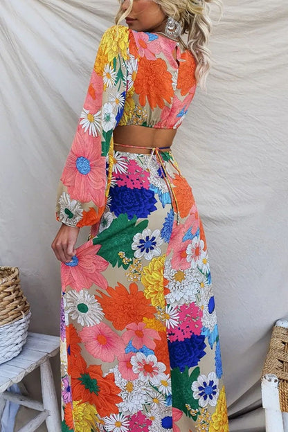 Autumn New Long Sleeve Dopamine Print Lace Up Waist Holiday Street Fashion Dress