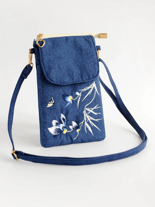 Embroidery Flower Bag Women'S Cotton And Linen Cloth Messenger Bag Small Bag Change Bag Close-Fitting Mobile Phone Bag Ethnic Style Mobile Phone Bag