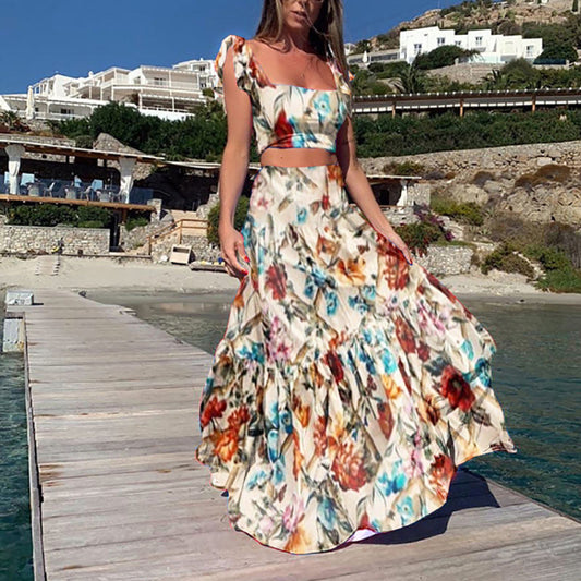 New Women'S Waist Top Fashion Sexy Dress Long Dress Two-Piece Set