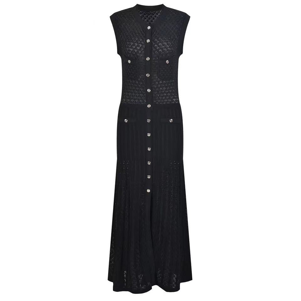 Round Neck Button Down Sleeveless Knit Dress