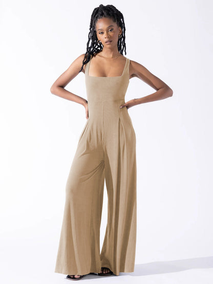 Chic Solid Color High Waist Wide Leg Jumpsuit for Women