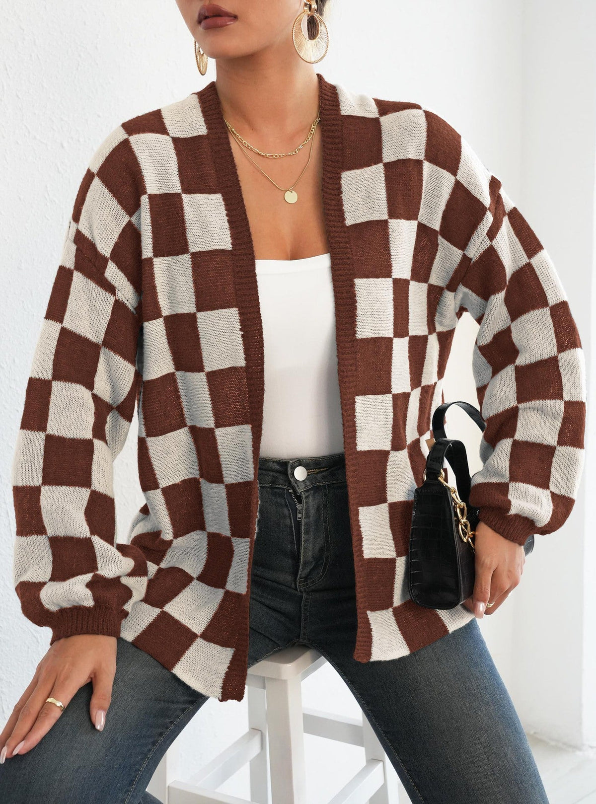 Women鈥檚 Color-Blocked Plaid Knit Cardigan Casual Sweater